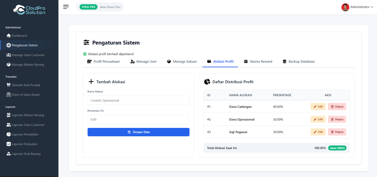 Halaman Pengaturan — Seusaikan logo dan nama Perusahaan, tambah/hapus user, atur alokasi profit, skema reward hingga backup database.